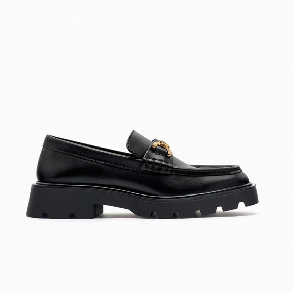 Lug Sole Black Leather Loafers with gold metal detail - Picture 4 of 13